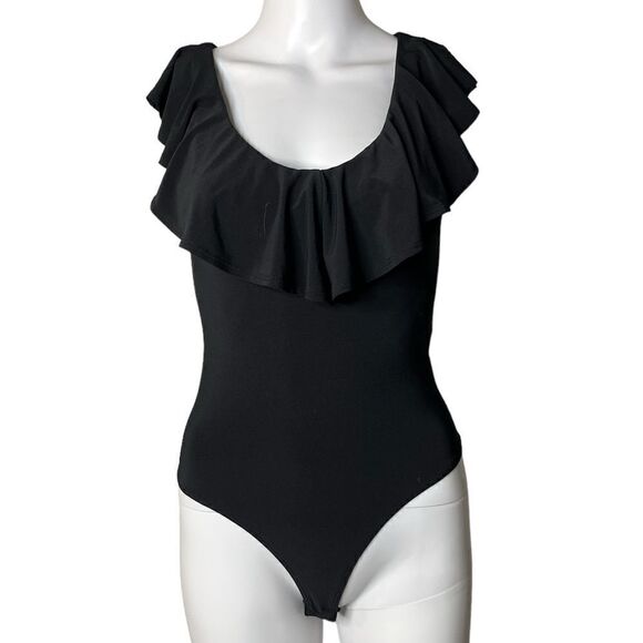 Abound Ruffle V Neck Thong Bodysuit Black Size XS - Picture 1 of 3